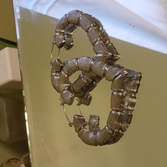 Women's 3" bamboo heart hoop earrings hollow in make silver in color - Picture 3 of 6